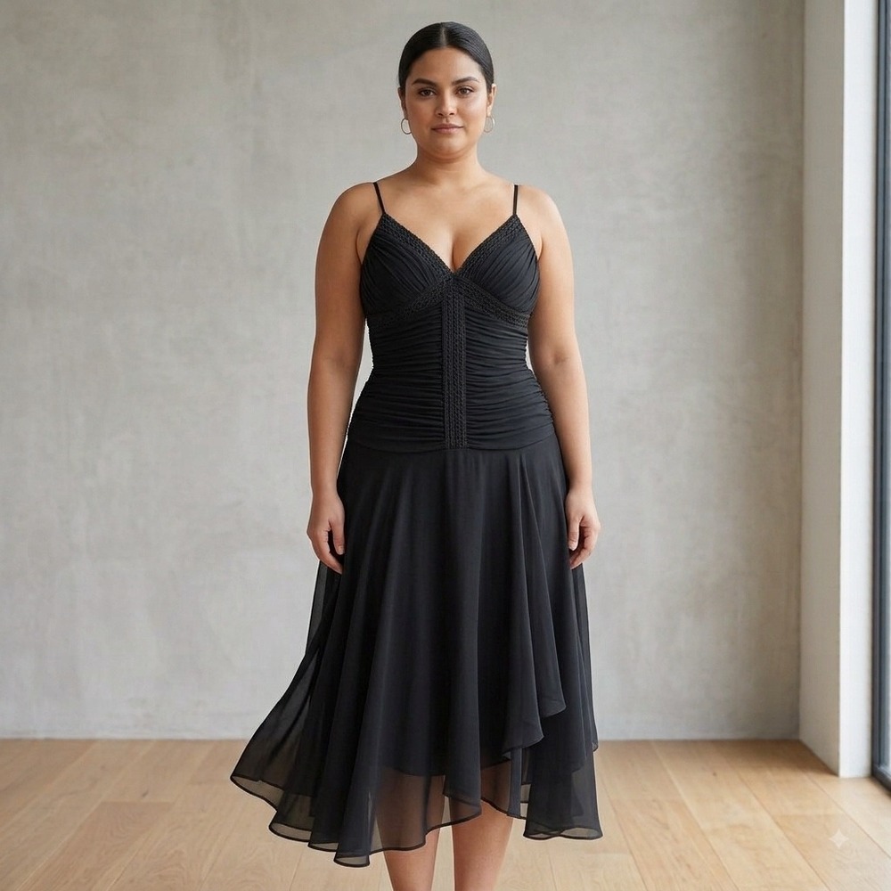 Sangria Whimsygoth Black Midi Dress Size 12 Ruched Cami Spaghetti Strap Witchy